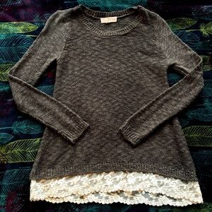 Gray Sweater With White Lace Trim